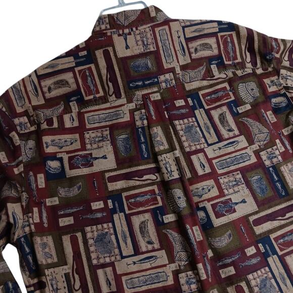 Woolrich Original Outdoor Vintage Shirt XL Red All Over Fish & Tackle Cotton - Picture 9 of 13